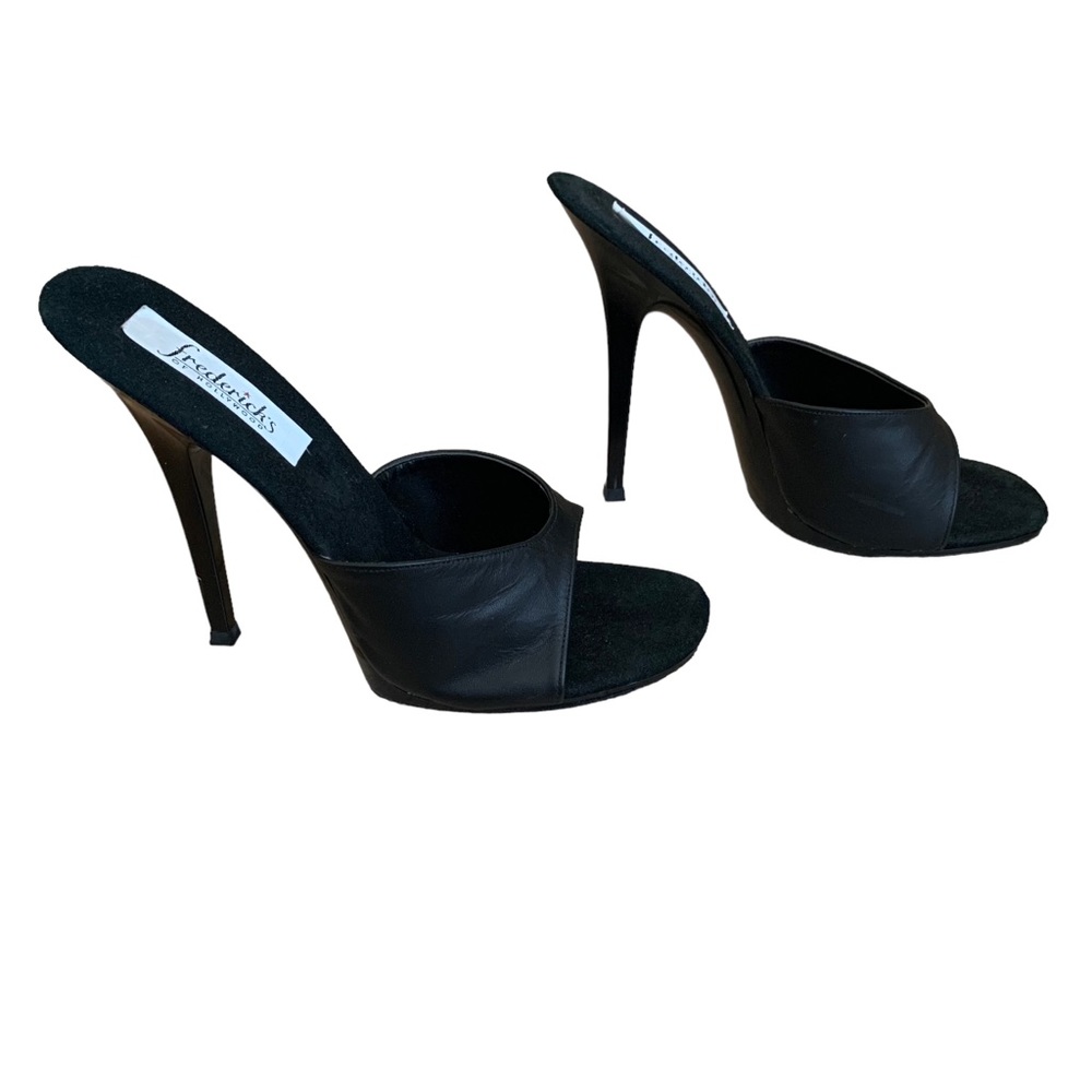 Vintage Frederick’s of Hollywood Black Mules Sky High 6" Heels size 11 11.5